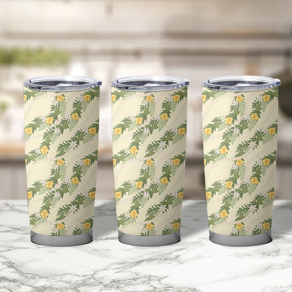 Hawaiian Pikake Maile Lei Tumbler Cup Tiare Hibiscus Kalo Palapalai Leaf Beige
