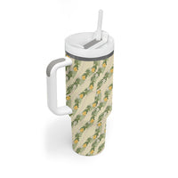 Hawaiian Pikake Maile Lei Tumbler With Handle Tiare Hibiscus Kalo Palapalai Leaf Beige