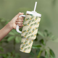 Hawaiian Pikake Maile Lei Tumbler With Handle Tiare Hibiscus Kalo Palapalai Leaf Beige