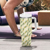 Hawaiian Pikake Maile Lei Tumbler With Handle Tiare Hibiscus Kalo Palapalai Leaf Beige