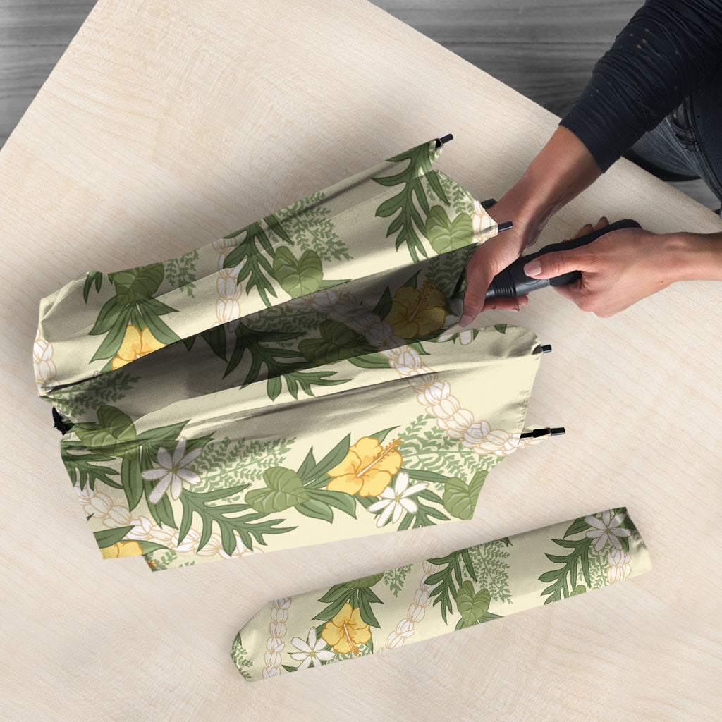 Hawaiian Pikake Maile Lei Umbrella Tiare Hibiscus Kalo Palapalai Leaf Beige