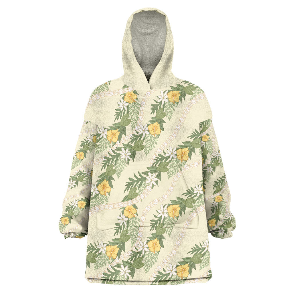 Hawaiian Pikake Maile Lei Wearable Blanket Hoodie Tiare Hibiscus Kalo Palapalai Leaf Beige LT19 One Size Beige - Polynesian Pride