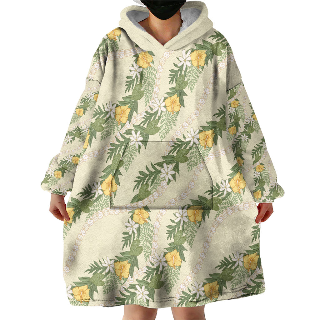 Hawaiian Pikake Maile Lei Wearable Blanket Hoodie Tiare Hibiscus Kalo Palapalai Leaf Beige LT19 - Polynesian Pride