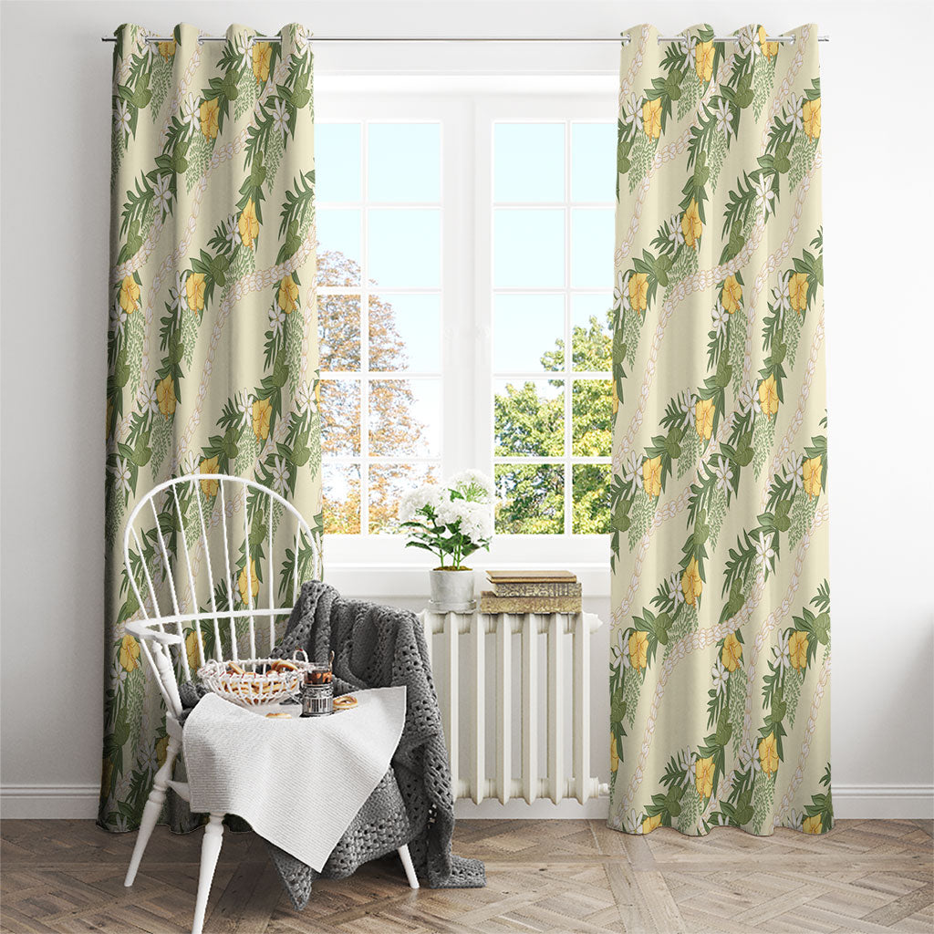 Hawaiian Pikake Maile Lei Window Curtain Tiare Hibiscus Kalo Palapalai Leaf Beige