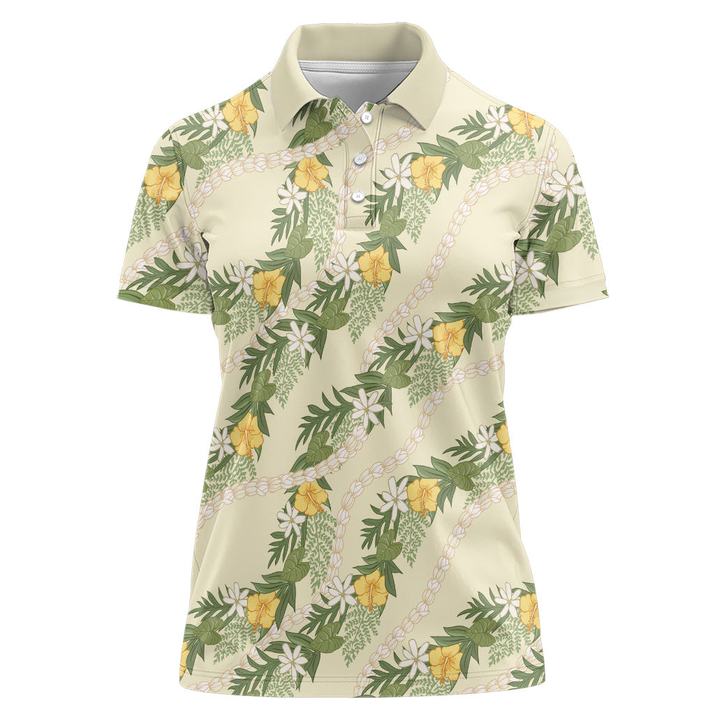 Hawaiian Pikake Maile Lei Women Polo Shirt Tiare Hibiscus Kalo Palapalai Leaf Beige