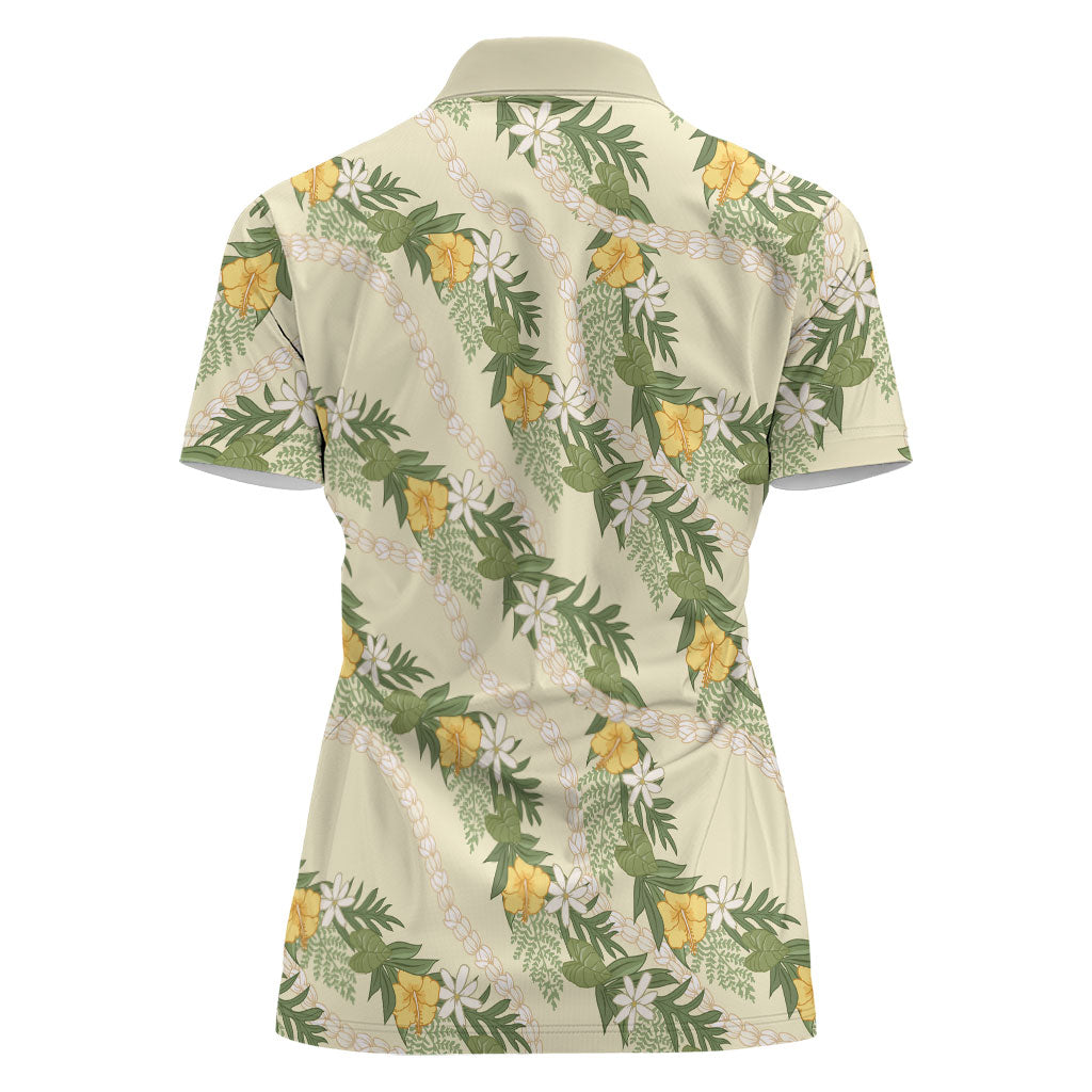 Hawaiian Pikake Maile Lei Women Polo Shirt Tiare Hibiscus Kalo Palapalai Leaf Beige LT19 - Polynesian Pride