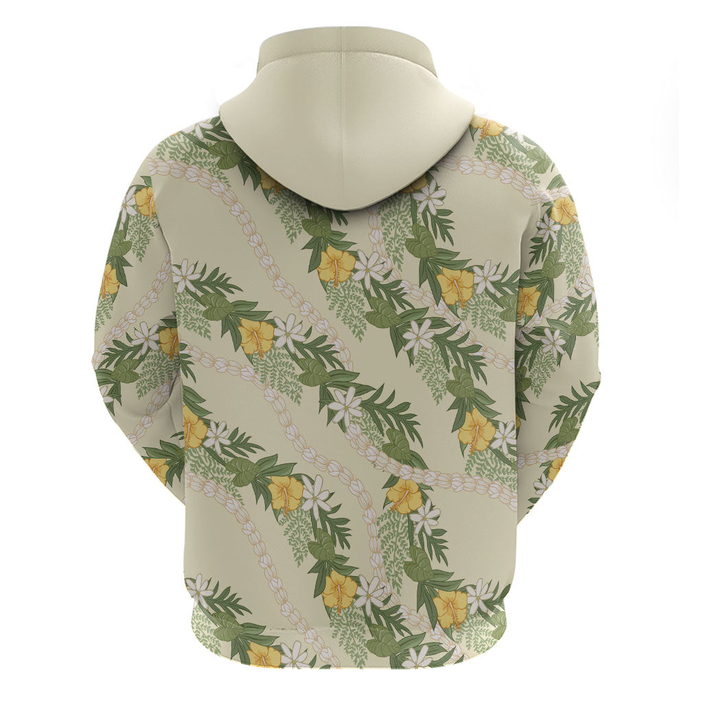 Hawaiian Pikake Maile Lei Zip Hoodie Tiare Hibiscus Kalo Palapalai Leaf Beige
