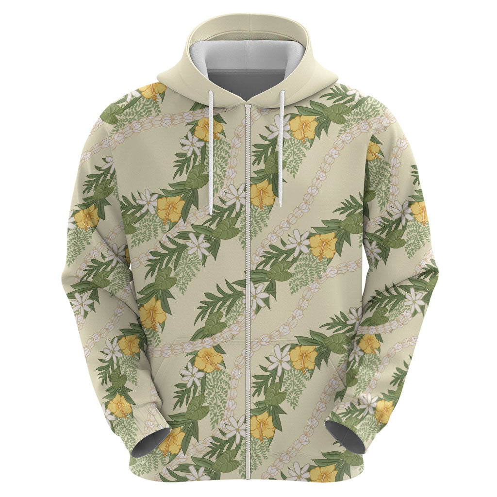 Hawaiian Pikake Maile Lei Zip Hoodie Tiare Hibiscus Kalo Palapalai Leaf Beige