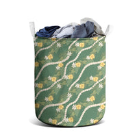 Hawaiian Pikake Maile Lei Laundry Basket Tiare Hibiscus Kalo Palapalai Leaf Green