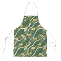 Hawaiian Pikake Maile Lei Apron Tiare Hibiscus Kalo Palapalai Leaf Green