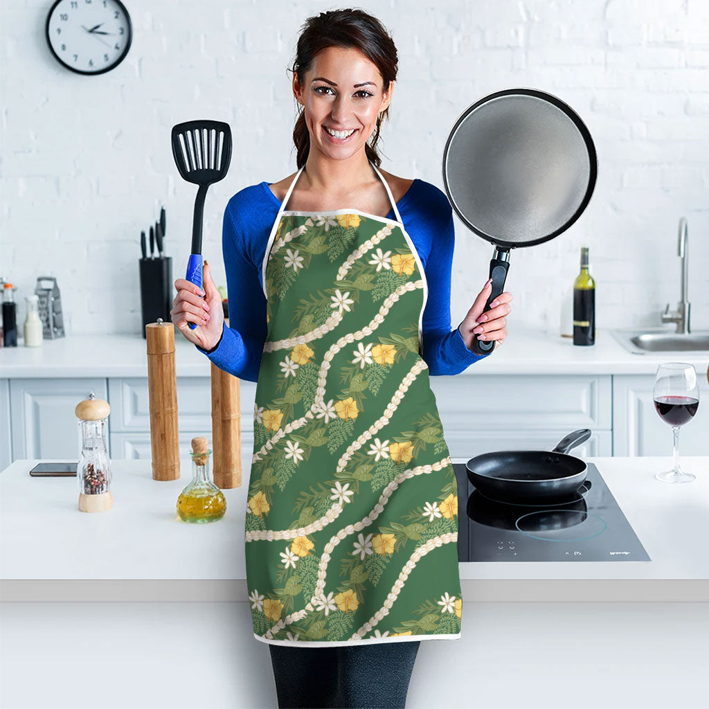Hawaiian Pikake Maile Lei Apron Tiare Hibiscus Kalo Palapalai Leaf Green