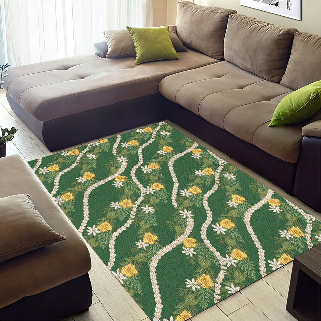 Hawaiian Pikake Maile Lei Area Rug Tiare Hibiscus Kalo Palapalai Leaf Green