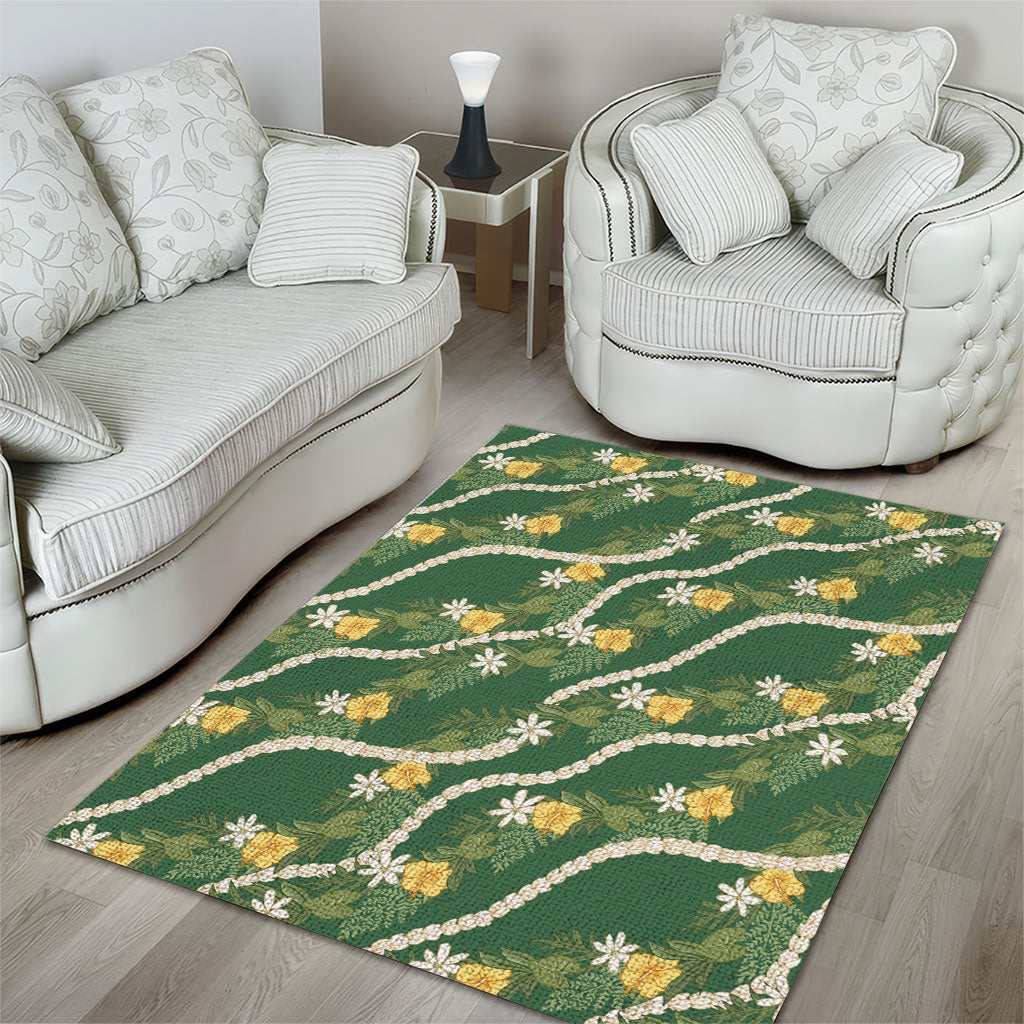 Hawaiian Pikake Maile Lei Area Rug Tiare Hibiscus Kalo Palapalai Leaf Green