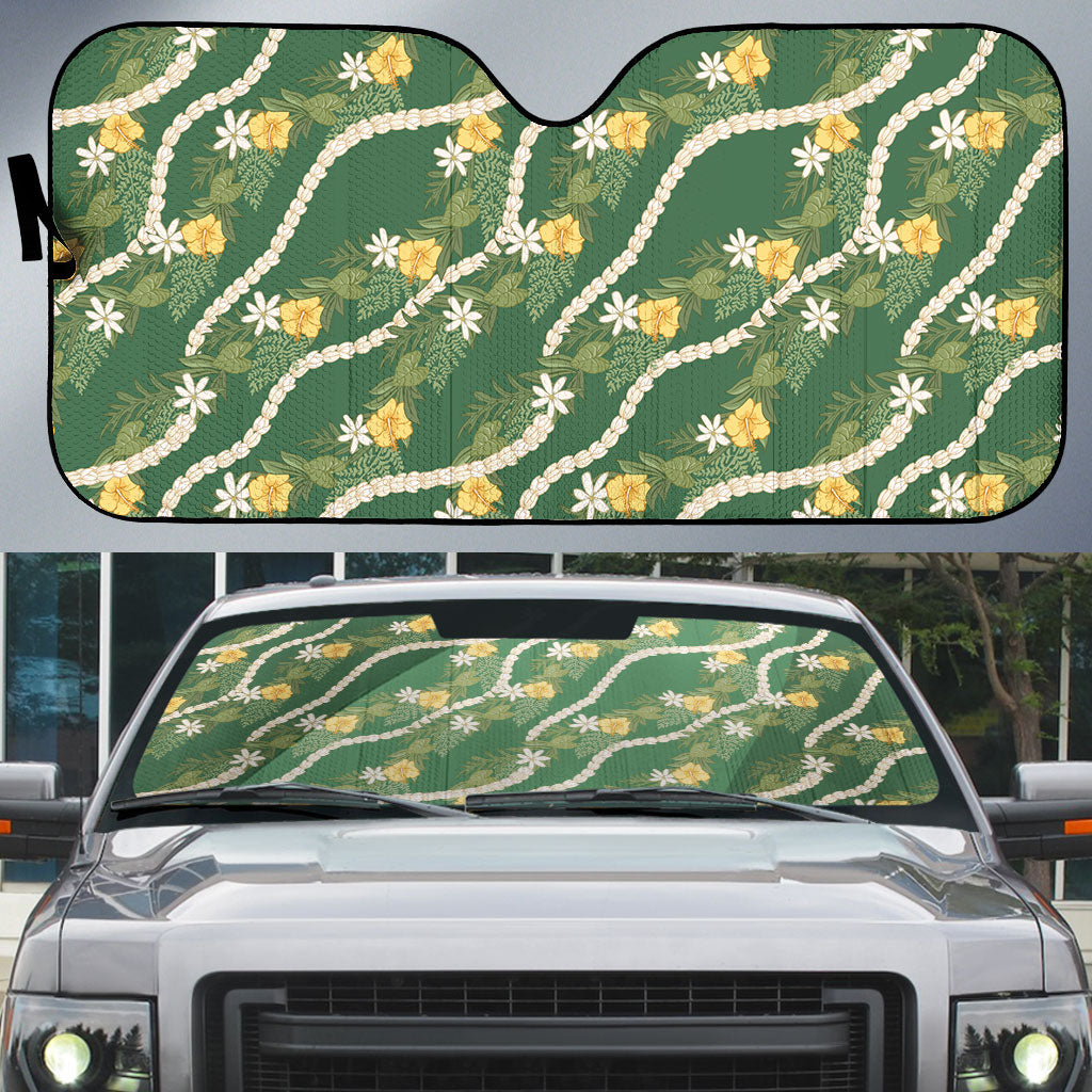 Hawaiian Pikake Maile Lei Auto Sun Shade Tiare Hibiscus Kalo Palapalai Leaf Green