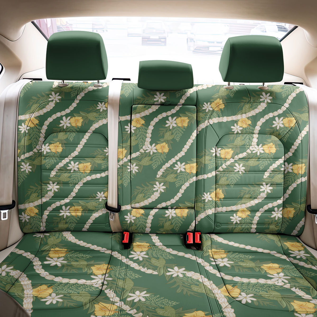 Hawaiian Pikake Maile Lei Back Car Seat Cover Tiare Hibiscus Kalo Palapalai Leaf Green