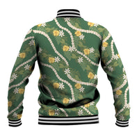 Hawaiian Pikake Maile Lei Baseball Jacket Tiare Hibiscus Kalo Palapalai Leaf Green
