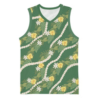 Hawaiian Pikake Maile Lei Basketball Jersey Tiare Hibiscus Kalo Palapalai Leaf Green
