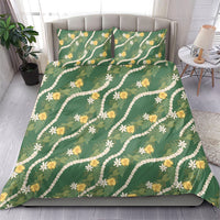 Hawaiian Pikake Maile Lei Bedding Set Tiare Hibiscus Kalo Palapalai Leaf Green