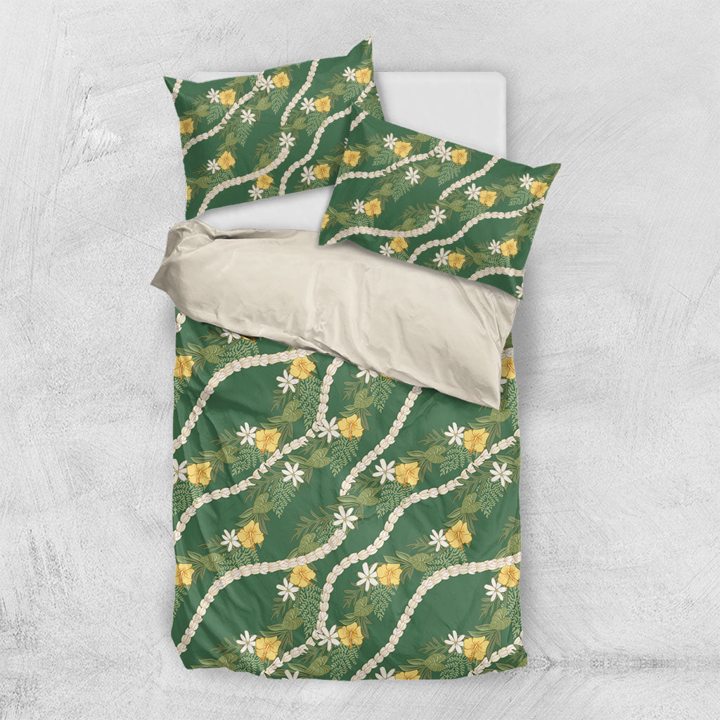Hawaiian Pikake Maile Lei Bedding Set Tiare Hibiscus Kalo Palapalai Leaf Green
