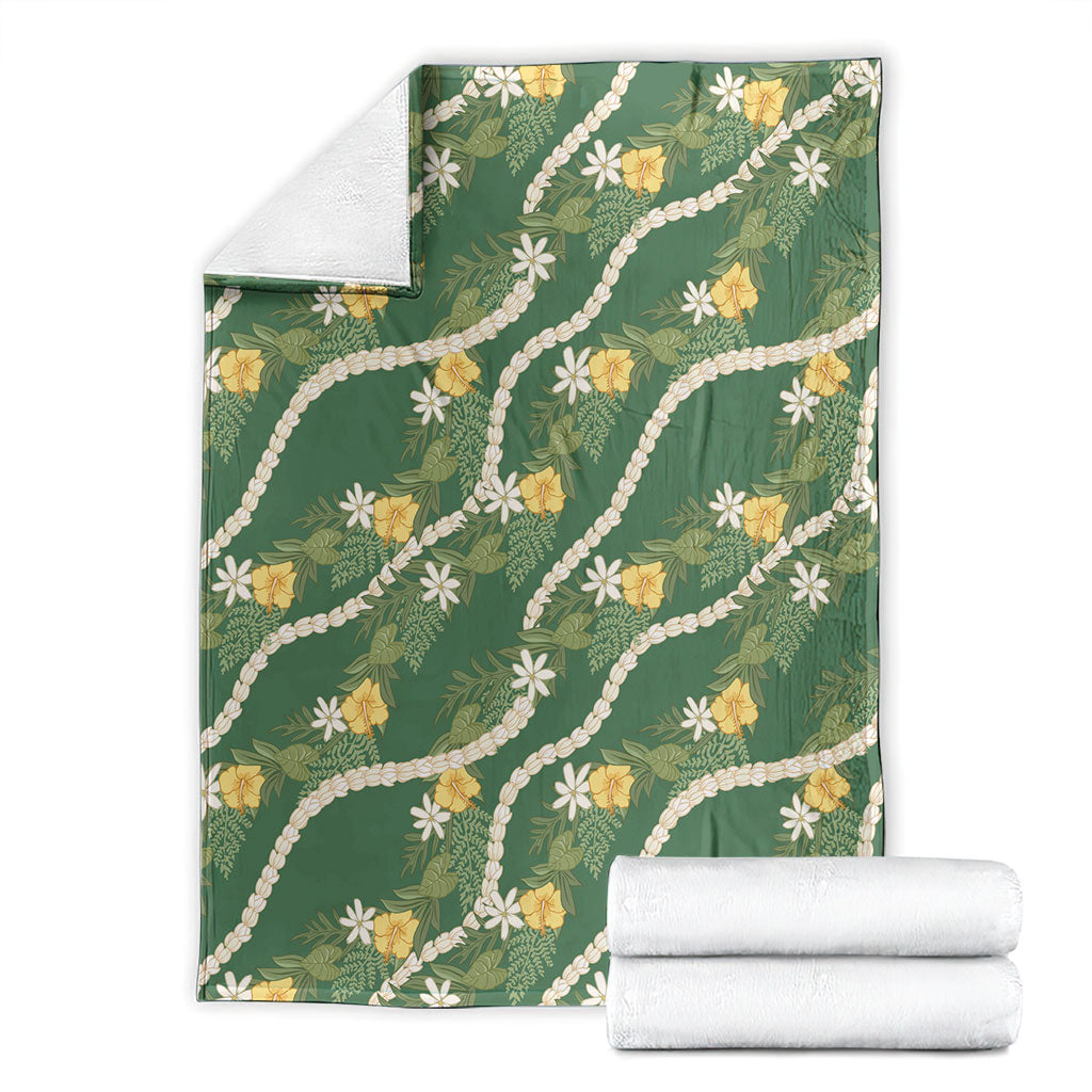 Hawaiian Pikake Maile Lei Blanket Tiare Hibiscus Kalo Palapalai Leaf Green