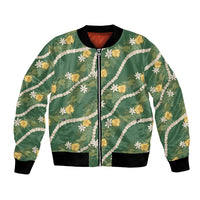 Hawaiian Pikake Maile Lei Bomber Jacket Tiare Hibiscus Kalo Palapalai Leaf Green