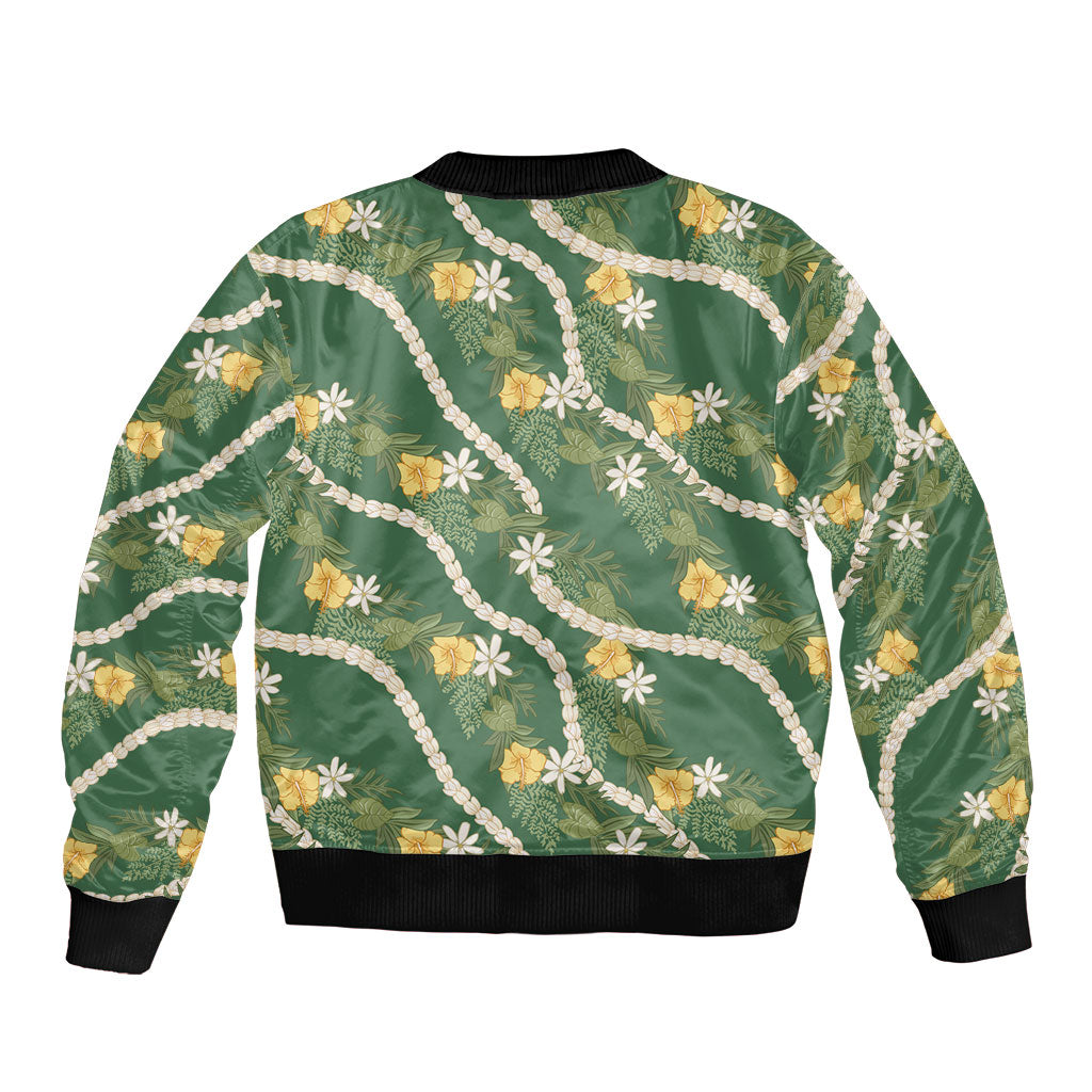 Hawaiian Pikake Maile Lei Bomber Jacket Tiare Hibiscus Kalo Palapalai Leaf Green