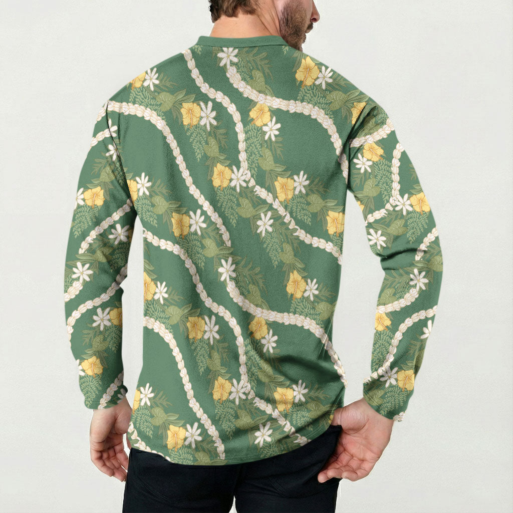 Hawaiian Pikake Maile Lei Button Sweatshirt Tiare Hibiscus Kalo Palapalai Leaf Green