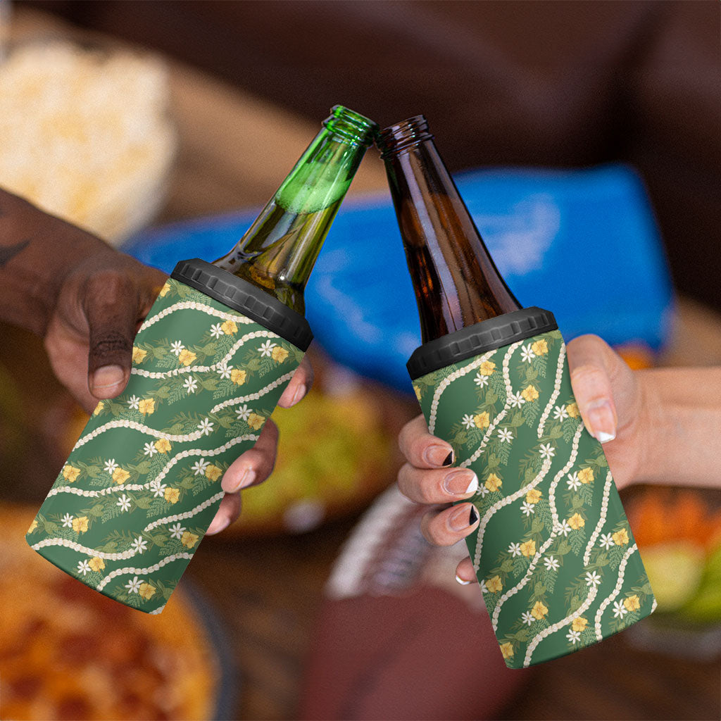 Hawaiian Pikake Maile Lei 4 in 1 Can Cooler Tumbler Tiare Hibiscus Kalo Palapalai Leaf Green LT19 - Polynesian Pride
