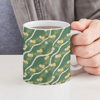 Hawaiian Pikake Maile Lei Ceramic Mug Tiare Hibiscus Kalo Palapalai Leaf Green