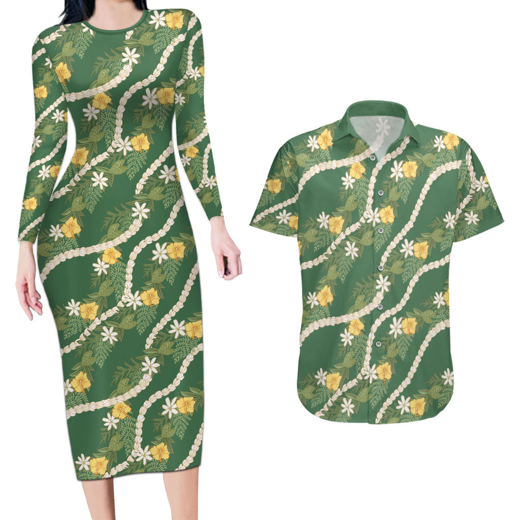 Hawaiian Pikake Maile Lei Couples Matching Long Sleeve Bodycon Dress and Hawaiian Shirt Tiare Hibiscus Kalo Palapalai Leaf Green LT19 Green - Polynesian Pride