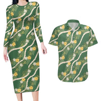 Hawaiian Pikake Maile Lei Couples Matching Long Sleeve Bodycon Dress and Hawaiian Shirt Tiare Hibiscus Kalo Palapalai Leaf Green LT19 Green - Polynesian Pride