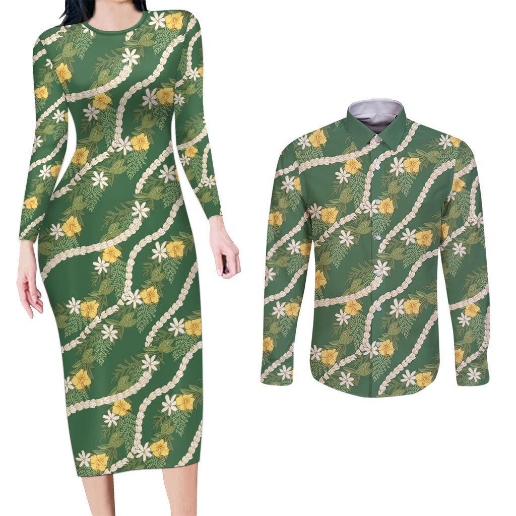 Hawaiian Pikake Maile Lei Couples Matching Long Sleeve Bodycon Dress and Long Sleeve Button Shirt Tiare Hibiscus Kalo Palapalai Leaf Green LT19 Green - Polynesian Pride