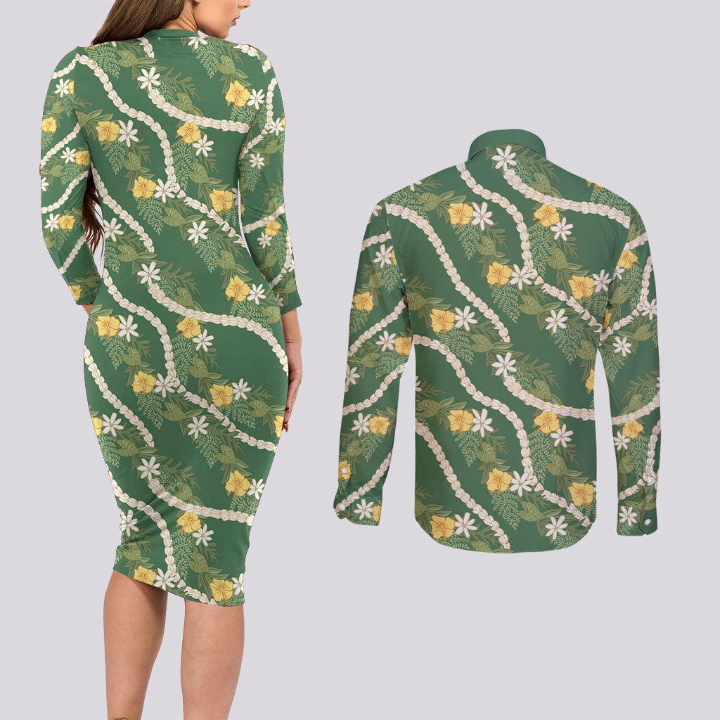 Hawaiian Pikake Maile Lei Couples Matching Long Sleeve Bodycon Dress and Long Sleeve Button Shirt Tiare Hibiscus Kalo Palapalai Leaf Green LT19 - Polynesian Pride