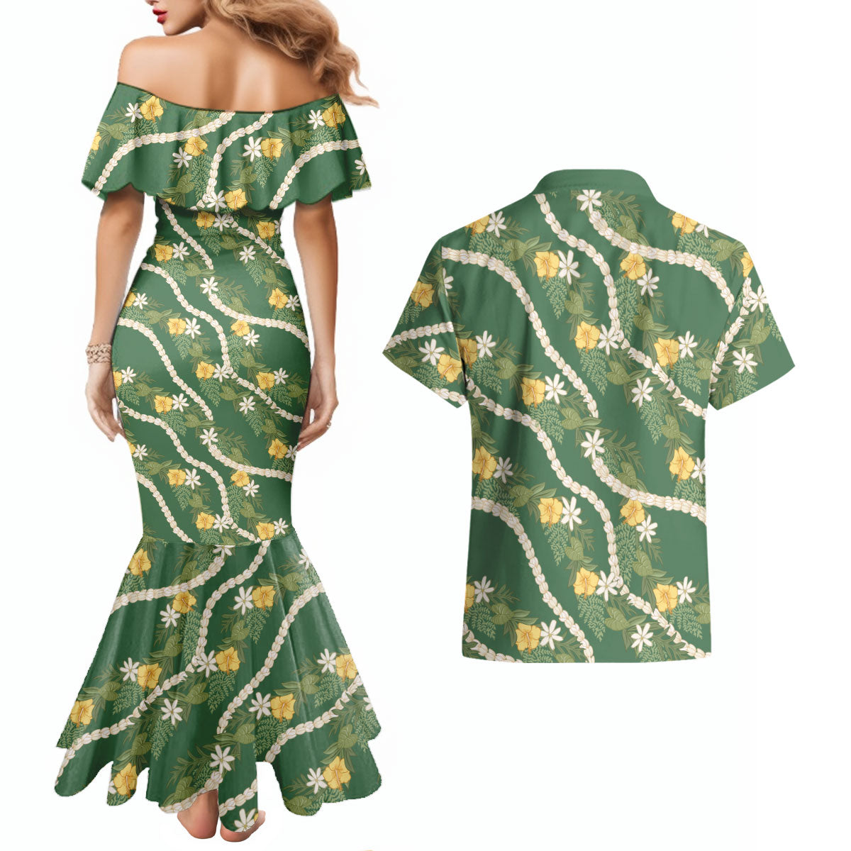 Hawaiian Pikake Maile Lei Couples Matching Mermaid Dress and Hawaiian Shirt Tiare Hibiscus Kalo Palapalai Leaf Green LT19 - Polynesian Pride