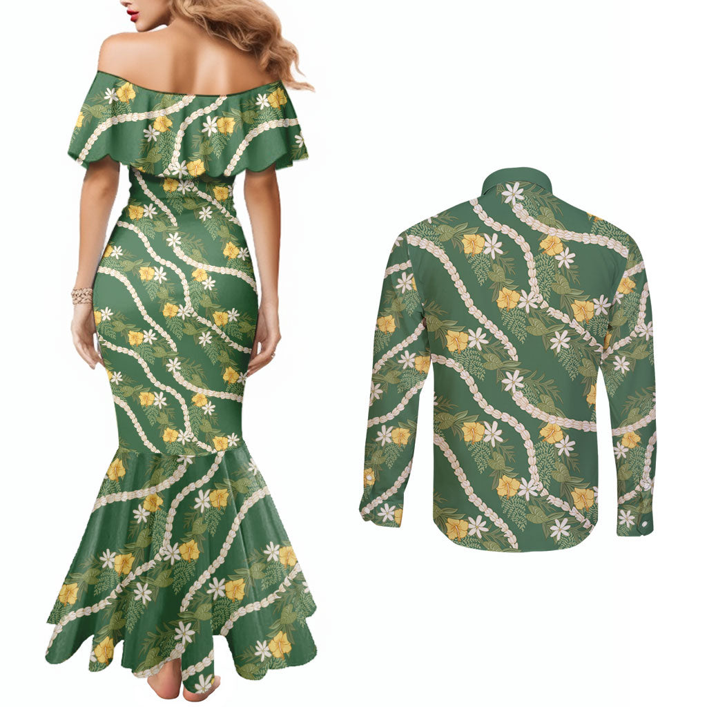 Hawaiian Pikake Maile Lei Couples Matching Mermaid Dress and Long Sleeve Button Shirt Tiare Hibiscus Kalo Palapalai Leaf Green LT19 - Polynesian Pride