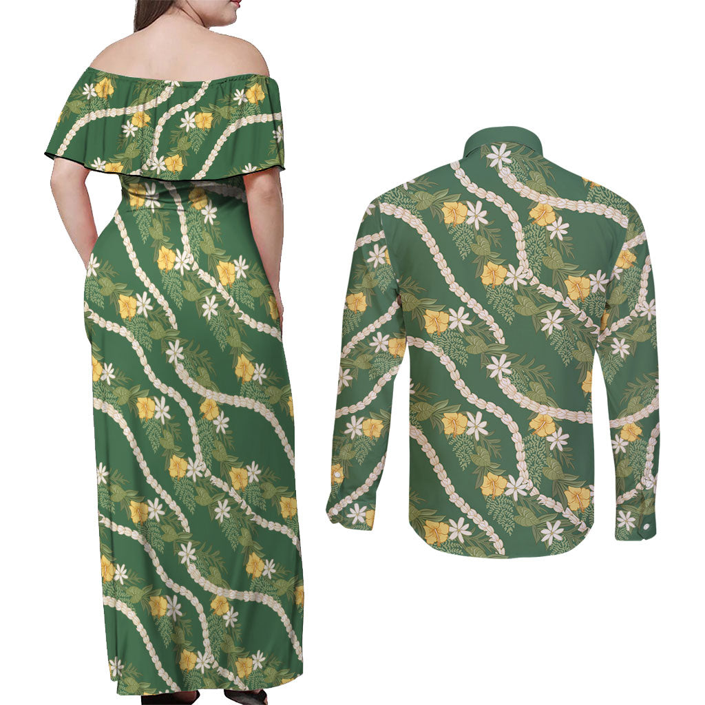 Hawaiian Pikake Maile Lei Couples Matching Off Shoulder Maxi Dress and Long Sleeve Button Shirt Tiare Hibiscus Kalo Palapalai Leaf Green LT19 - Polynesian Pride