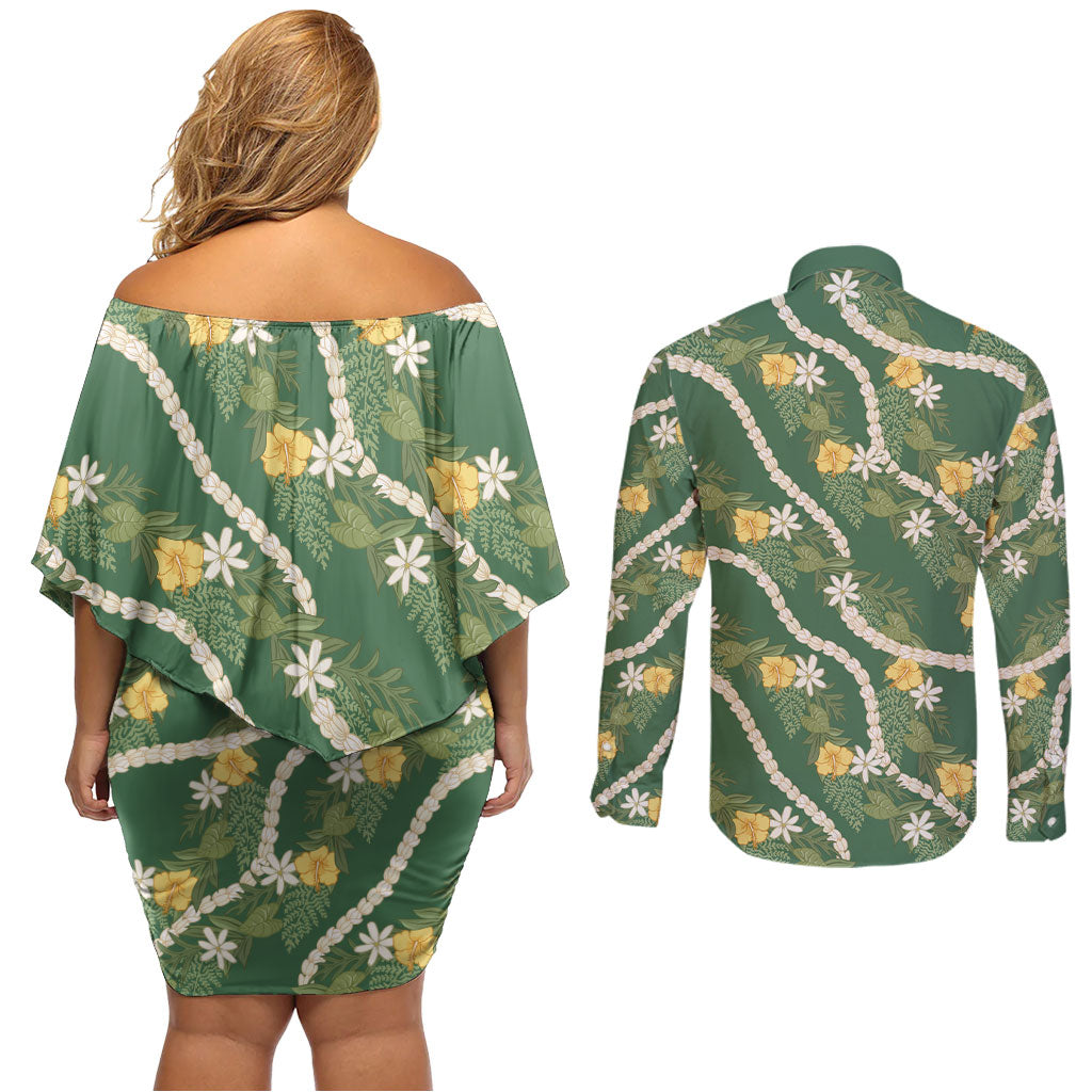 Hawaiian Pikake Maile Lei Couples Matching Off Shoulder Short Dress and Long Sleeve Button Shirt Tiare Hibiscus Kalo Palapalai Leaf Green LT19 - Polynesian Pride
