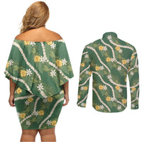 Hawaiian Pikake Maile Lei Couples Matching Off Shoulder Short Dress and Long Sleeve Button Shirt Tiare Hibiscus Kalo Palapalai Leaf Green LT19 - Polynesian Pride