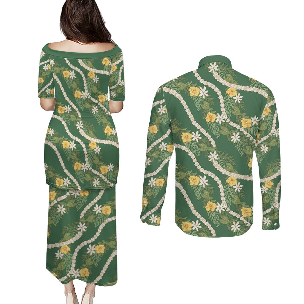 Hawaiian Pikake Maile Lei Couples Matching Puletasi and Long Sleeve Button Shirt Tiare Hibiscus Kalo Palapalai Leaf Green LT19 - Polynesian Pride