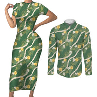 Hawaiian Pikake Maile Lei Couples Matching Short Sleeve Bodycon Dress and Long Sleeve Button Shirt Tiare Hibiscus Kalo Palapalai Leaf Green LT19 Green - Polynesian Pride