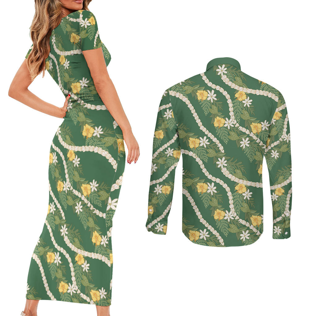 Hawaiian Pikake Maile Lei Couples Matching Short Sleeve Bodycon Dress and Long Sleeve Button Shirt Tiare Hibiscus Kalo Palapalai Leaf Green LT19 - Polynesian Pride