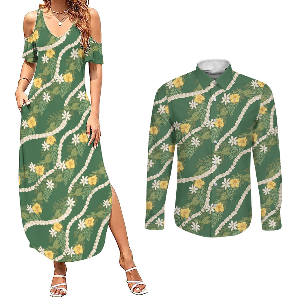 Hawaiian Pikake Maile Lei Couples Matching Summer Maxi Dress and Long Sleeve Button Shirt Tiare Hibiscus Kalo Palapalai Leaf Green LT19 Green - Polynesian Pride