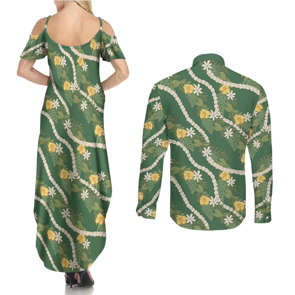 Hawaiian Pikake Maile Lei Couples Matching Summer Maxi Dress and Long Sleeve Button Shirt Tiare Hibiscus Kalo Palapalai Leaf Green LT19 - Polynesian Pride