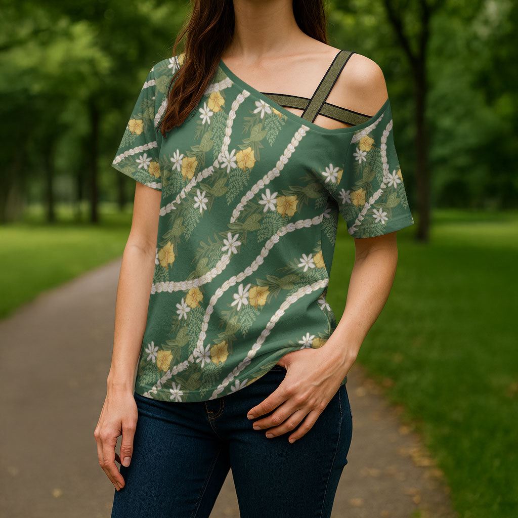 Hawaiian Pikake Maile Lei Cross Shoulder Shirt Tiare Hibiscus Kalo Palapalai Leaf Green LT19 - Polynesian Pride