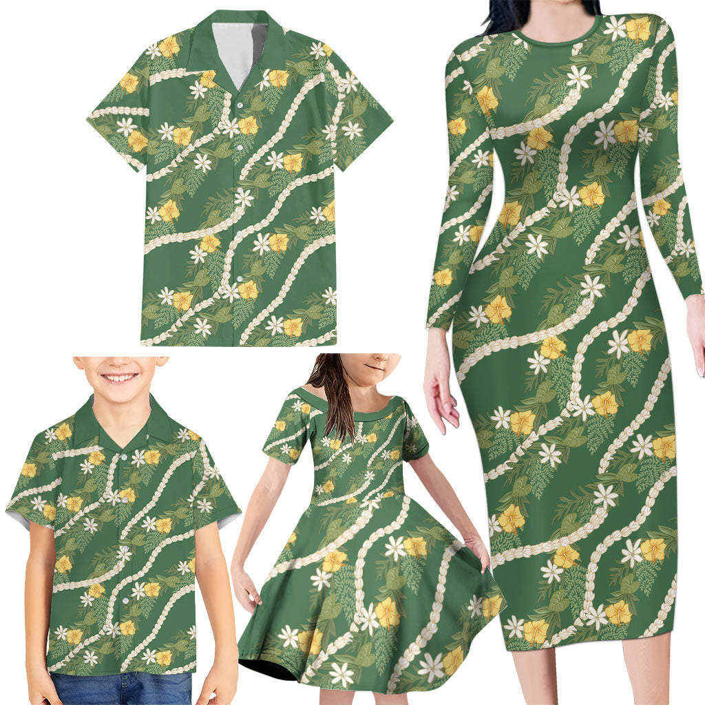 Hawaiian Pikake Maile Lei Family Matching Long Sleeve Bodycon Dress and Hawaiian Shirt Tiare Hibiscus Kalo Palapalai Leaf Green LT19 - Polynesian Pride