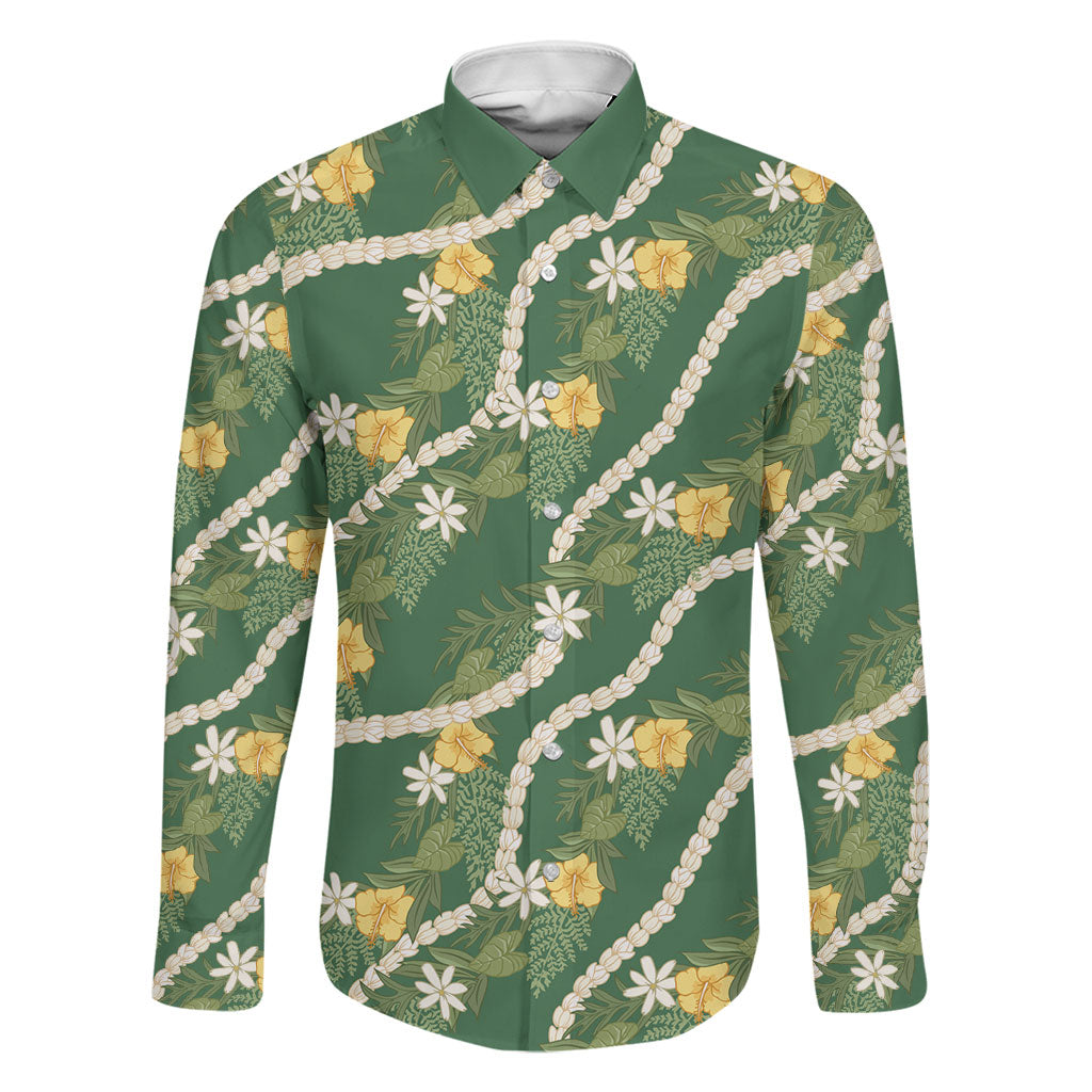 Hawaiian Pikake Maile Lei Family Matching Off The Shoulder Long Sleeve Dress and Hawaiian Shirt Tiare Hibiscus Kalo Palapalai Leaf Green LT19 Dad's Shirt - Long Sleeve Green - Polynesian Pride
