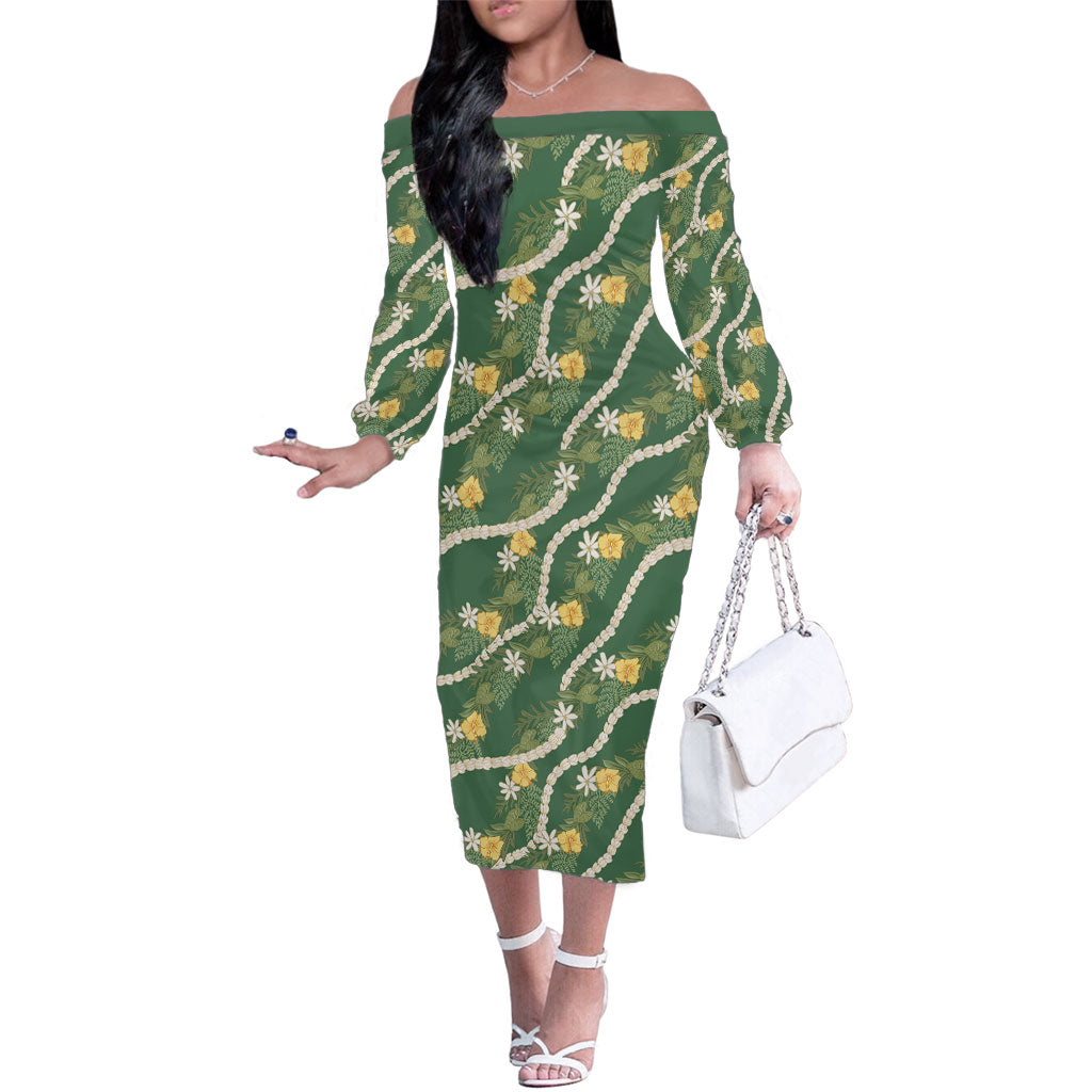 Hawaiian Pikake Maile Lei Family Matching Off The Shoulder Long Sleeve Dress and Hawaiian Shirt Tiare Hibiscus Kalo Palapalai Leaf Green LT19 Mom's Dress Green - Polynesian Pride