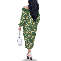 Hawaiian Pikake Maile Lei Family Matching Off The Shoulder Long Sleeve Dress and Hawaiian Shirt Tiare Hibiscus Kalo Palapalai Leaf Green LT19 - Polynesian Pride