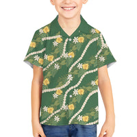 Hawaiian Pikake Maile Lei Family Matching Off The Shoulder Long Sleeve Dress and Hawaiian Shirt Tiare Hibiscus Kalo Palapalai Leaf Green LT19 Son's Shirt Green - Polynesian Pride