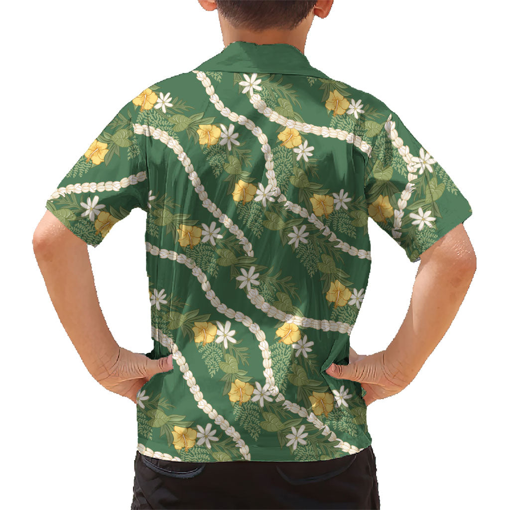 Hawaiian Pikake Maile Lei Family Matching Off Shoulder Maxi Dress and Hawaiian Shirt Tiare Hibiscus Kalo Palapalai Leaf Green LT19 - Polynesian Pride